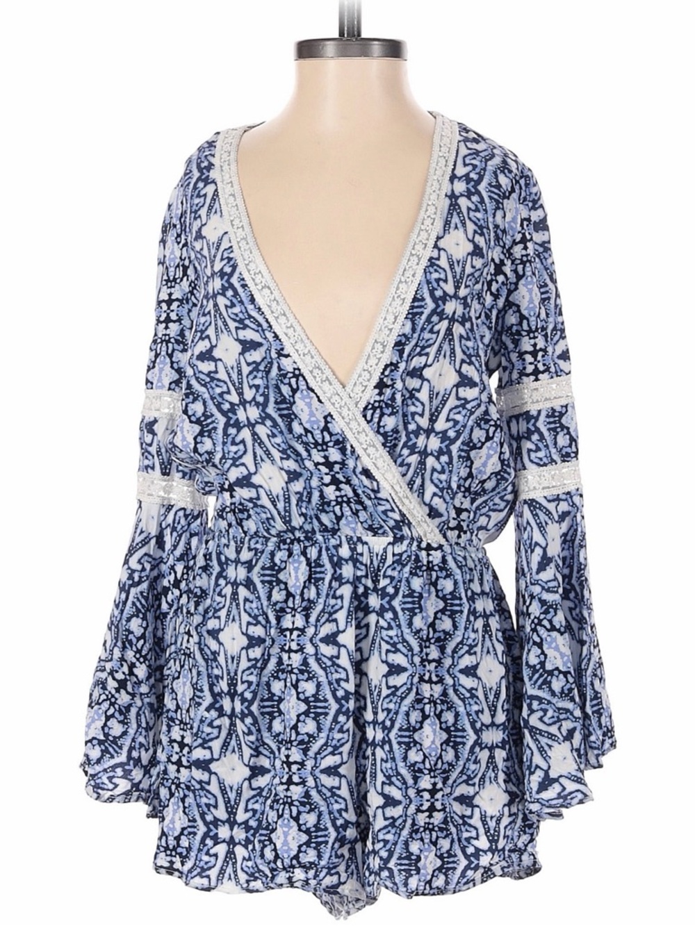 Revolve L*space Mazzaron Blue and White Printed Romper with Lace Trim - Picture 3 of 5